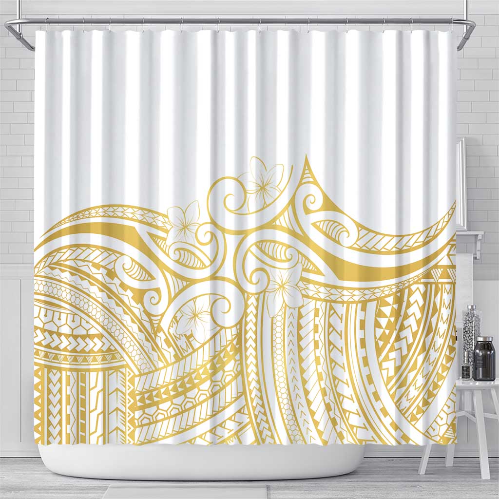 Polynesia White Sunday Shower Curtain Plumeria Polynesian Tribal Gold Color LT14 - Polynesian Pride