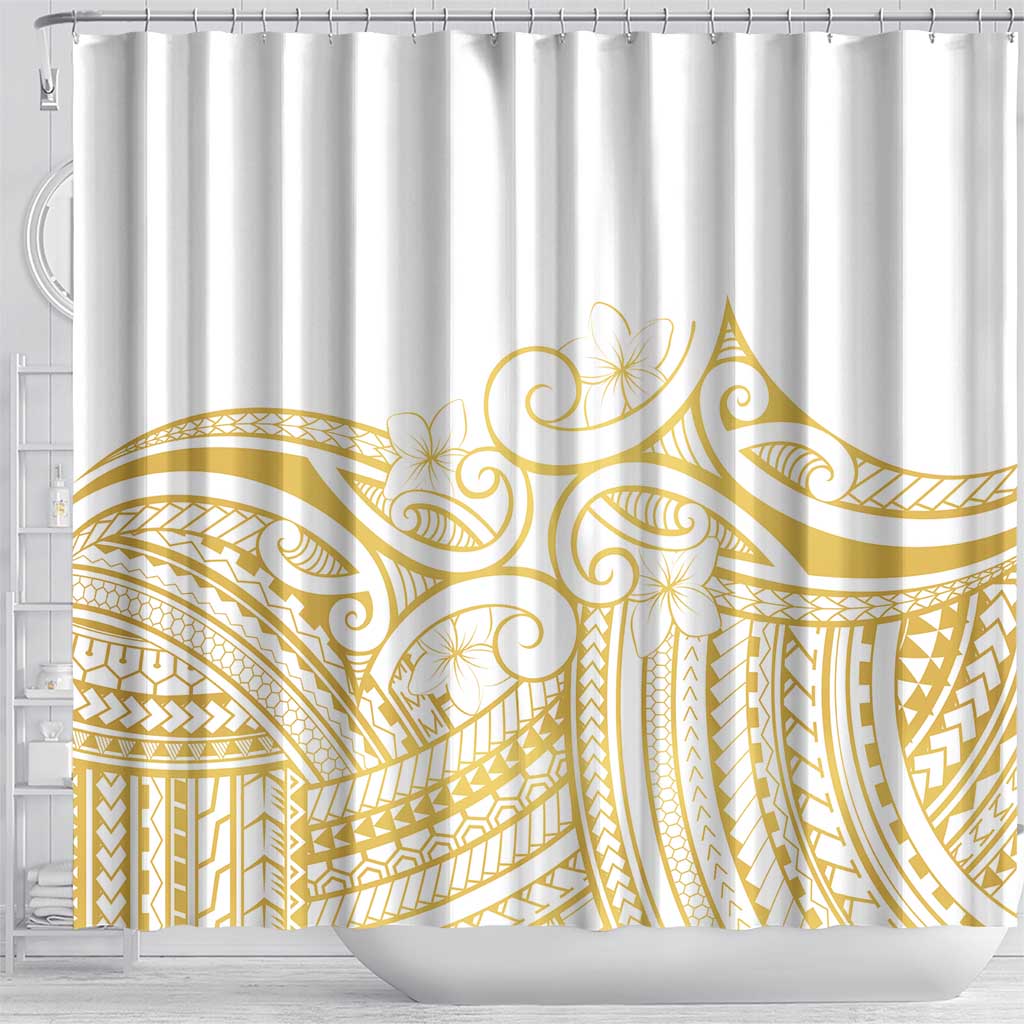 Polynesia White Sunday Shower Curtain Plumeria Polynesian Tribal Gold Color LT14 - Polynesian Pride