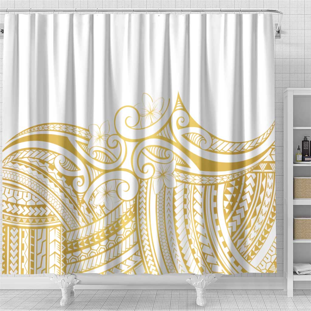 Polynesia White Sunday Shower Curtain Plumeria Polynesian Tribal Gold Color LT14 - Polynesian Pride