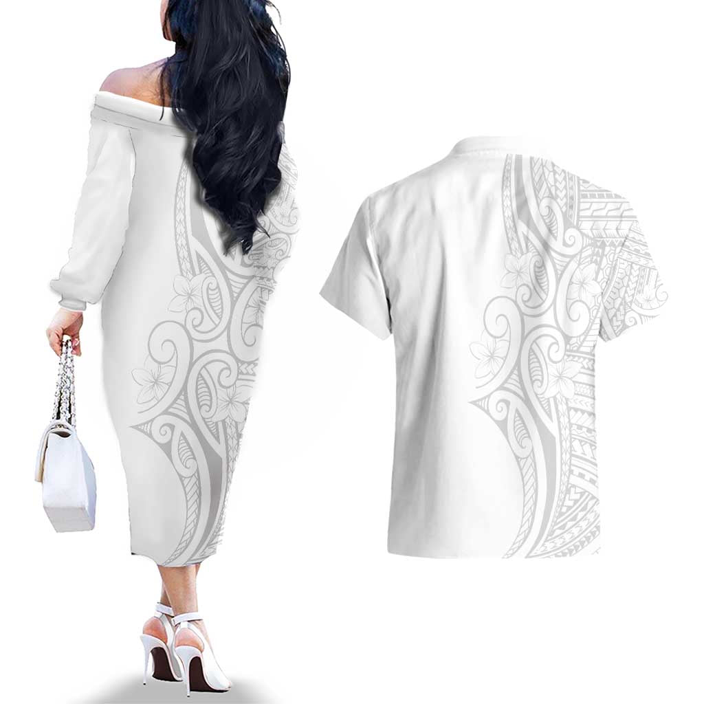 Polynesia White Sunday Couples Matching Off The Shoulder Long Sleeve Dress and Hawaiian Shirt Plumeria Polynesian Tribal Grey Color LT14 - Polynesian Pride