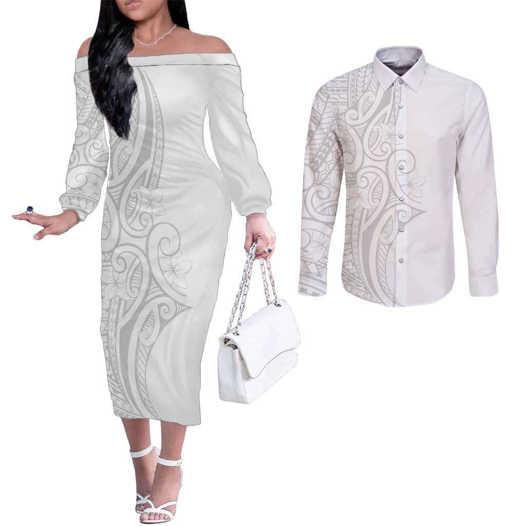 Polynesia White Sunday Couples Matching Off The Shoulder Long Sleeve Dress and Long Sleeve Button Shirt Plumeria Polynesian Tribal Grey Color - Polynesian Pride