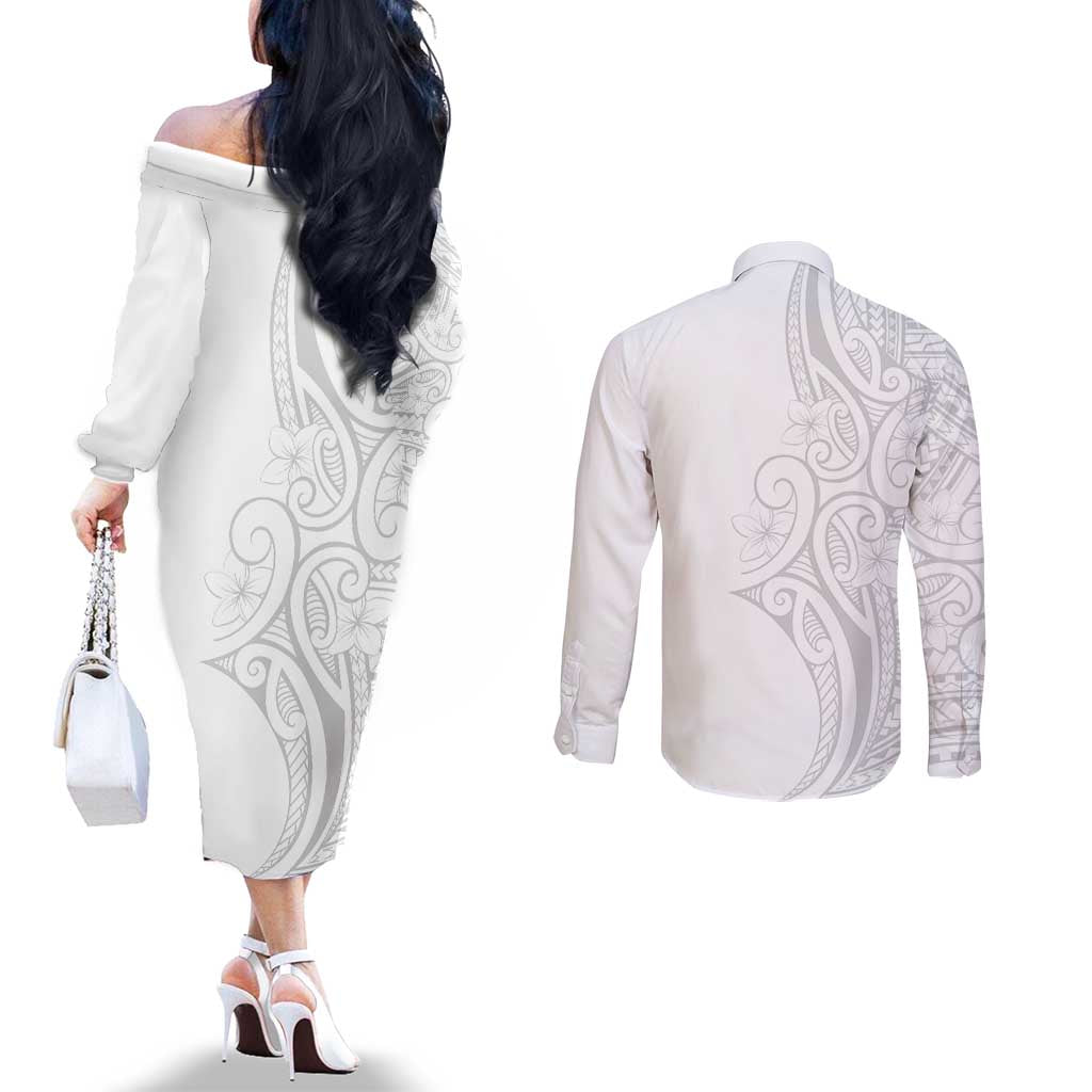 Polynesia White Sunday Couples Matching Off The Shoulder Long Sleeve Dress and Long Sleeve Button Shirt Plumeria Polynesian Tribal Grey Color - Polynesian Pride
