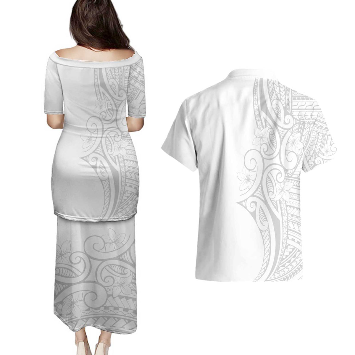 Polynesia White Sunday Couples Matching Puletasi and Hawaiian Shirt Plumeria Polynesian Tribal Grey Color - Polynesian Pride