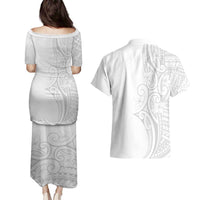 Polynesia White Sunday Couples Matching Puletasi and Hawaiian Shirt Plumeria Polynesian Tribal Grey Color - Polynesian Pride