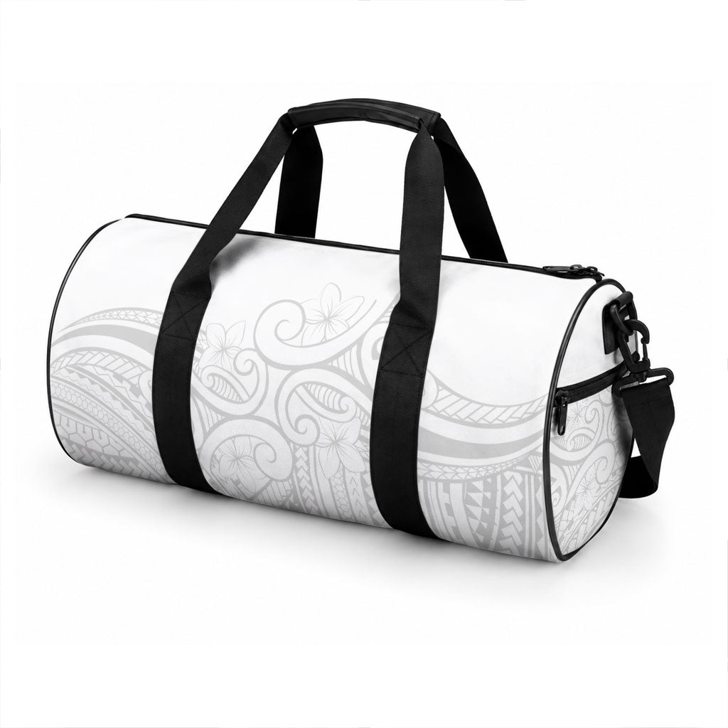 Polynesia White Sunday Duffle Bag Plumeria Polynesian Tribal Grey Color