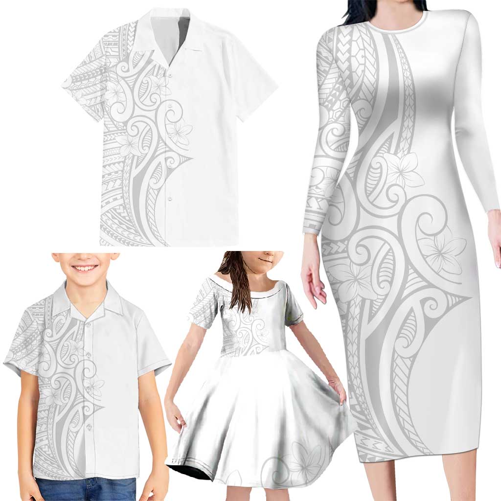 Polynesia White Sunday Family Matching Long Sleeve Bodycon Dress and Hawaiian Shirt Plumeria Polynesian Tribal Grey Color LT14 - Polynesian Pride