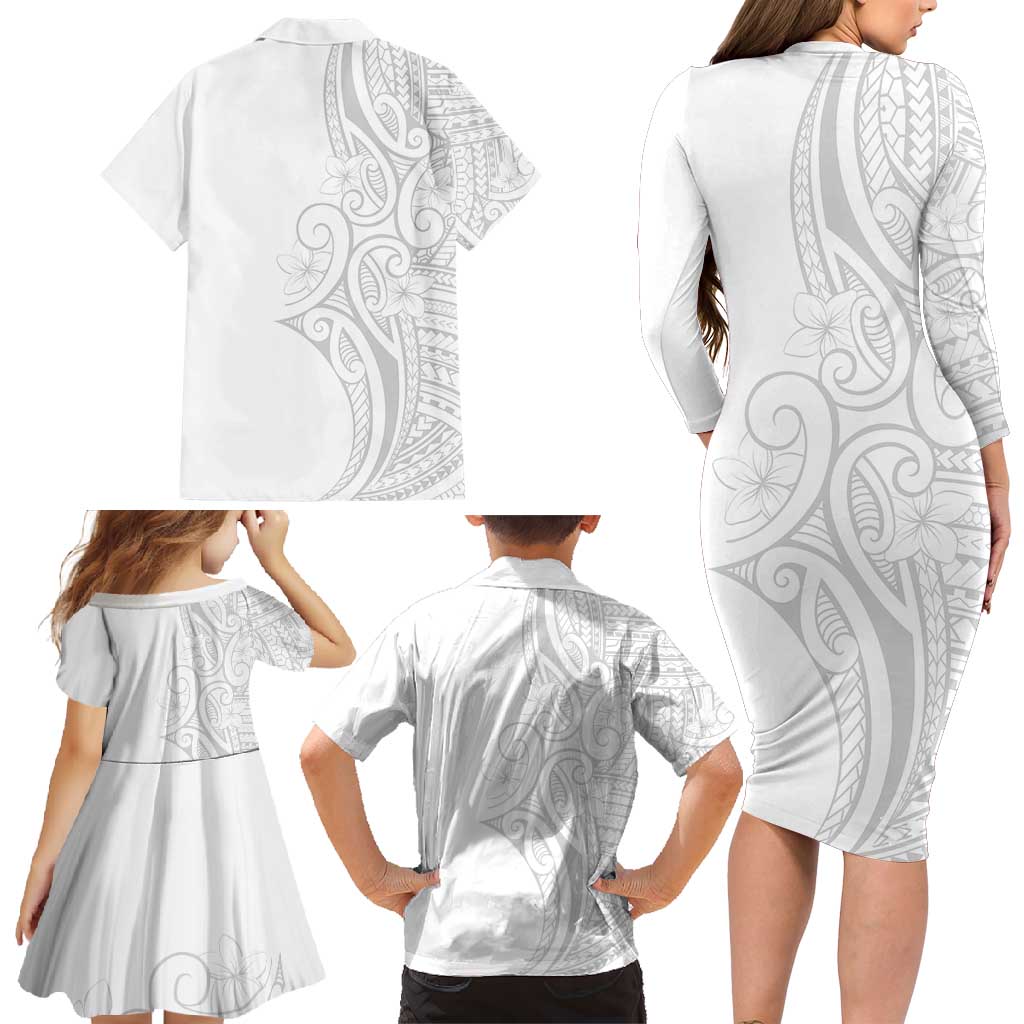 Polynesia White Sunday Family Matching Long Sleeve Bodycon Dress and Hawaiian Shirt Plumeria Polynesian Tribal Grey Color LT14 - Polynesian Pride