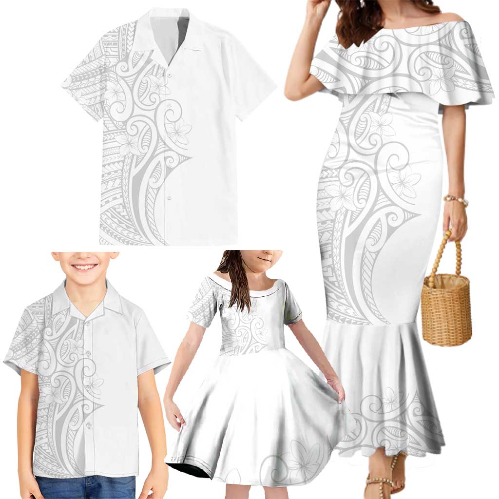 Polynesia White Sunday Family Matching Mermaid Dress and Hawaiian Shirt Plumeria Polynesian Tribal Grey Color LT14 - Polynesian Pride