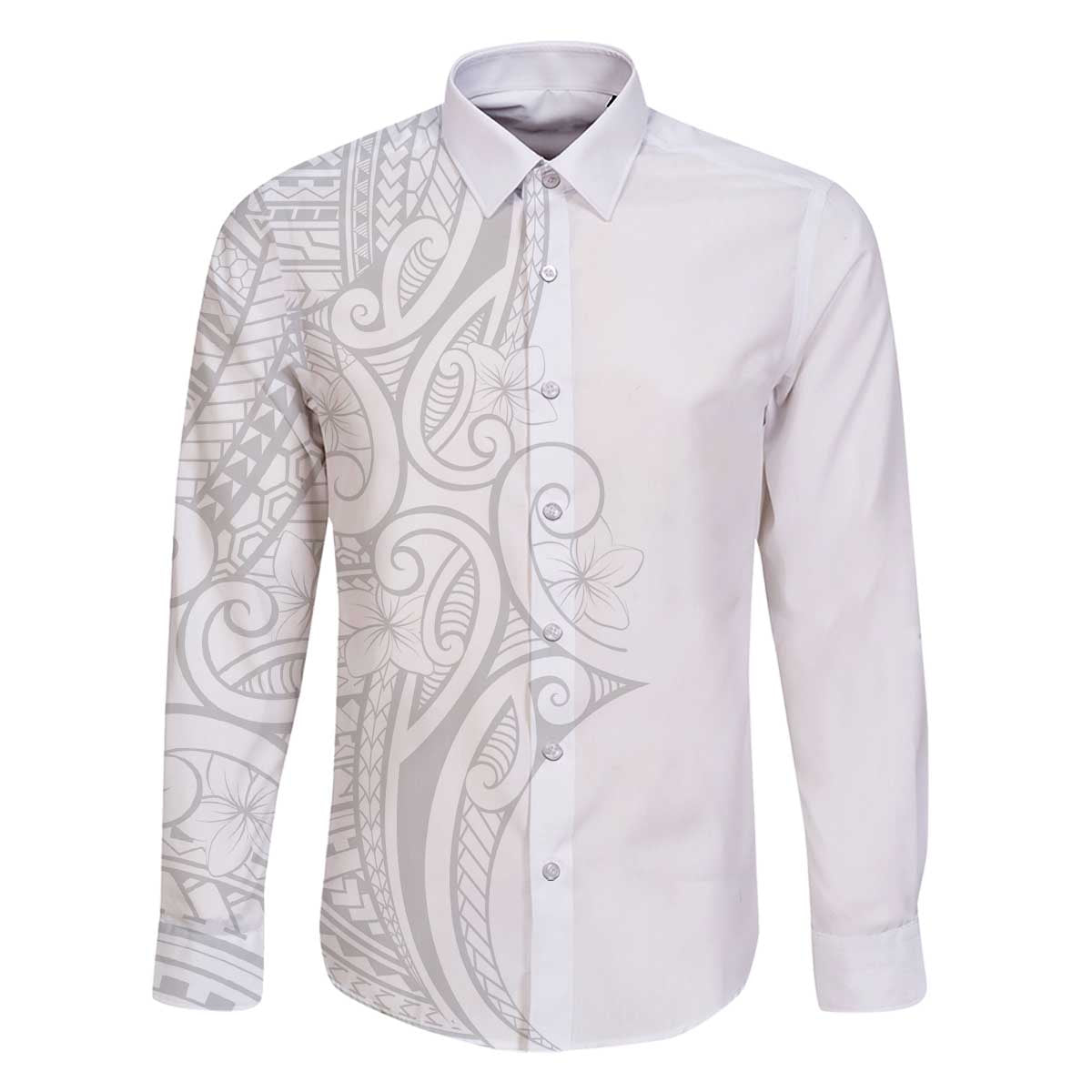 Polynesia White Sunday Family Matching Off The Shoulder Long Sleeve Dress and Hawaiian Shirt Plumeria Polynesian Tribal Grey Color LT14 Dad's Shirt - Long Sleeve White - Polynesian Pride