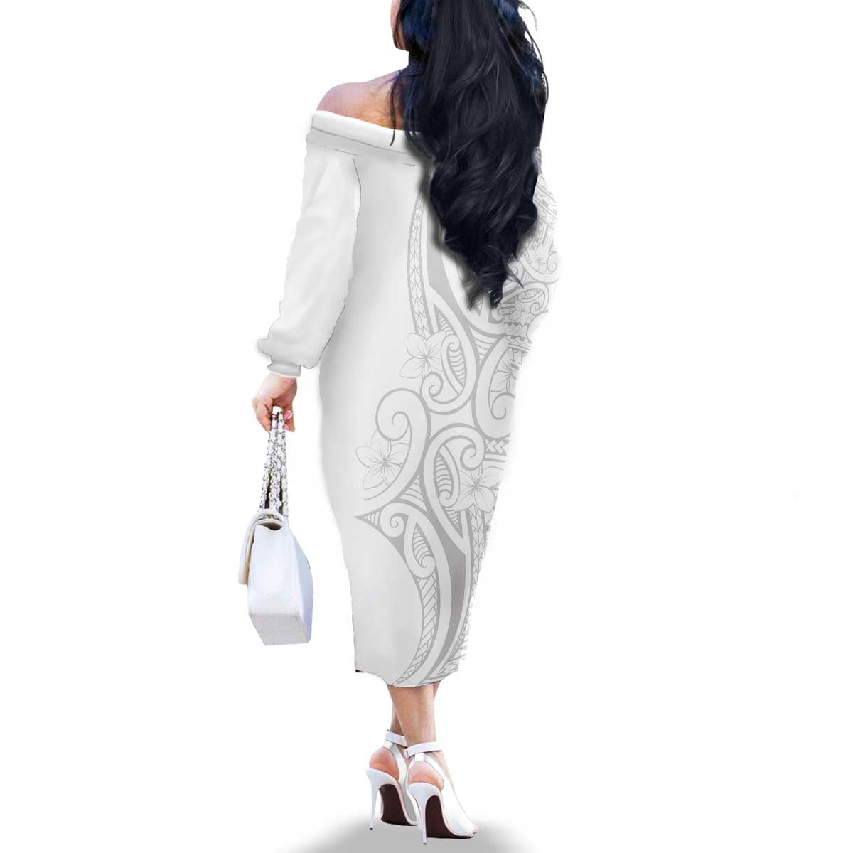 Polynesia White Sunday Family Matching Off The Shoulder Long Sleeve Dress and Hawaiian Shirt Plumeria Polynesian Tribal Grey Color LT14 - Polynesian Pride