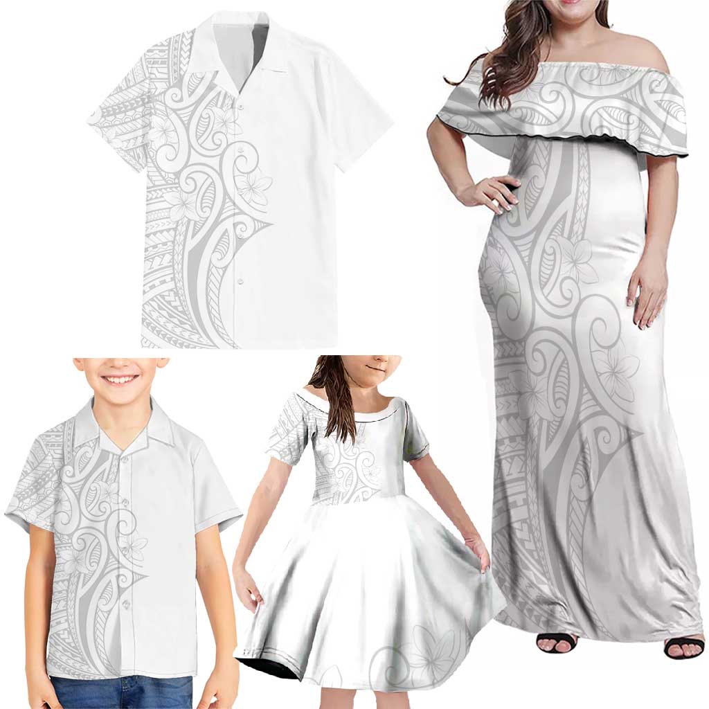 Polynesia White Sunday Family Matching Off Shoulder Maxi Dress and Hawaiian Shirt Plumeria Polynesian Tribal Grey Color LT14 - Polynesian Pride