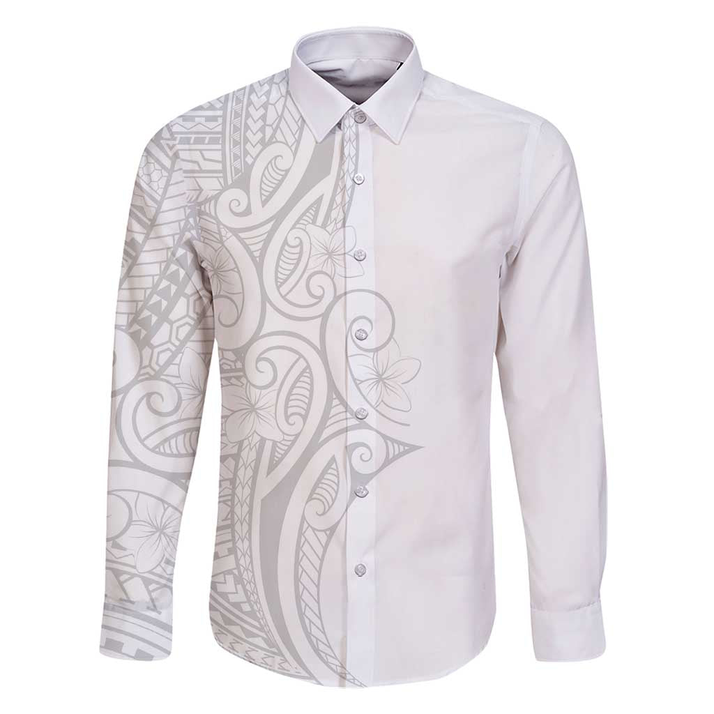 Polynesia White Sunday Family Matching Off Shoulder Maxi Dress and Hawaiian Shirt Plumeria Polynesian Tribal Grey Color LT14 Dad's Shirt - Long Sleeve White - Polynesian Pride