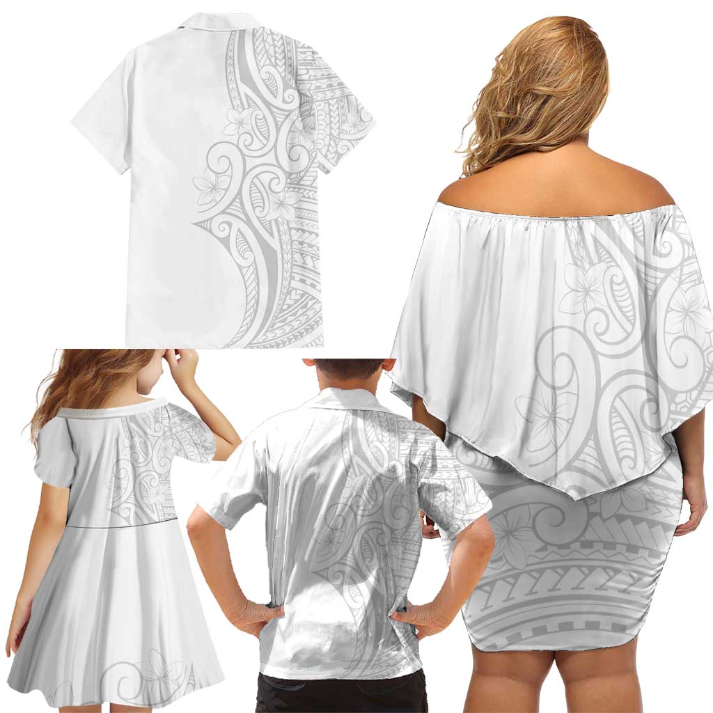 Polynesia White Sunday Family Matching Off Shoulder Short Dress and Hawaiian Shirt Plumeria Polynesian Tribal Grey Color LT14 - Polynesian Pride