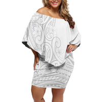Polynesia White Sunday Family Matching Off Shoulder Short Dress and Hawaiian Shirt Plumeria Polynesian Tribal Grey Color LT14 Mom's Dress White - Polynesian Pride