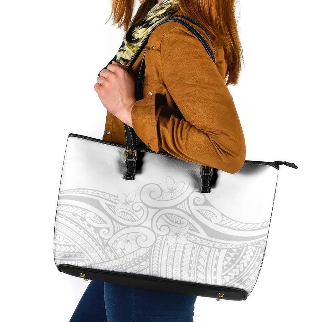 Polynesia White Sunday Leather Tote Bag Plumeria Polynesian Tribal Grey Color - Polynesian Pride