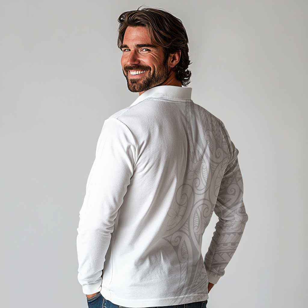 Polynesia White Sunday Long Sleeve Polo Shirt Plumeria Polynesian Tribal Grey Color - Polynesian Pride