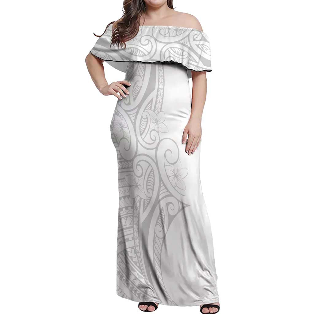 Polynesia White Sunday Off Shoulder Maxi Dress Plumeria Polynesian Tribal Grey Color - Polynesian Pride