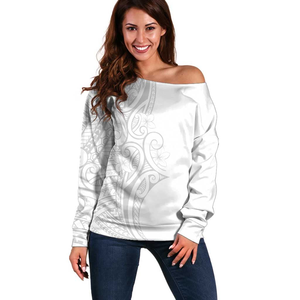Polynesia White Sunday Off Shoulder Sweater Plumeria Polynesian Tribal Grey Color - Polynesian Pride