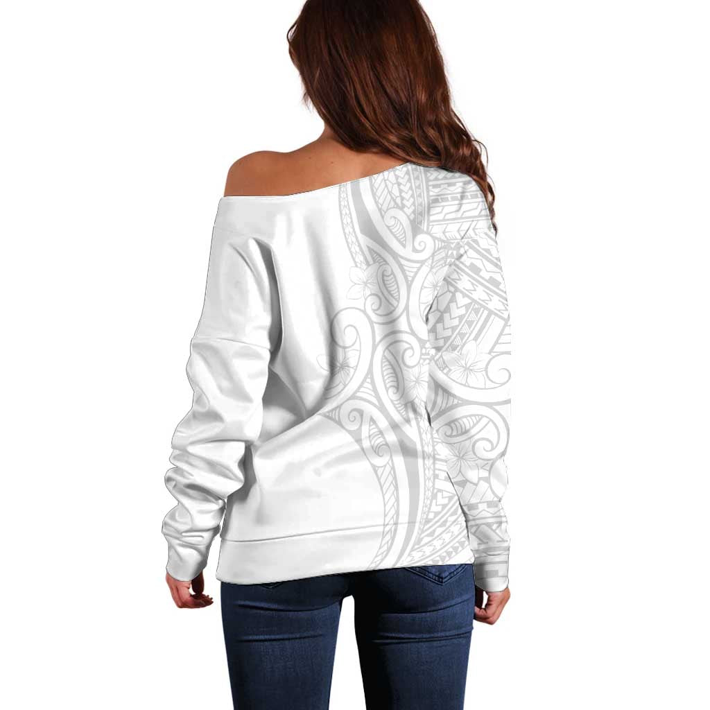 Polynesia White Sunday Off Shoulder Sweater Plumeria Polynesian Tribal Grey Color - Polynesian Pride