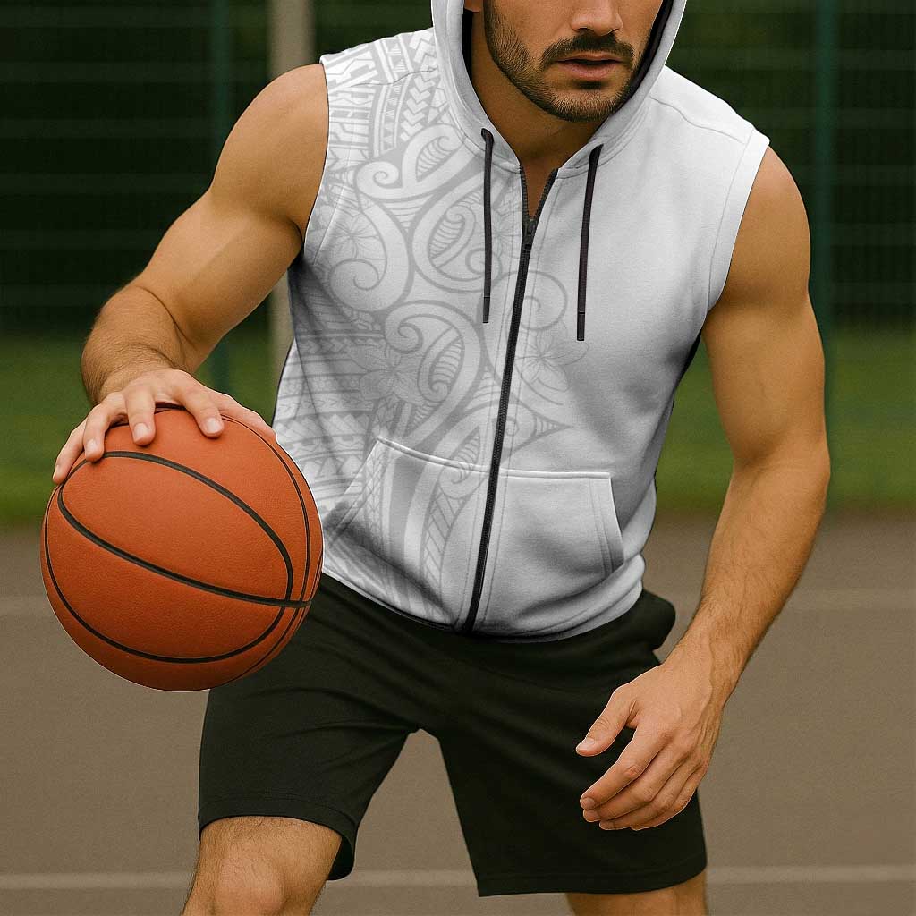 Polynesia White Sunday Sleeveless Zip Hoodie Plumeria Polynesian Tribal Grey Color - Polynesian Pride