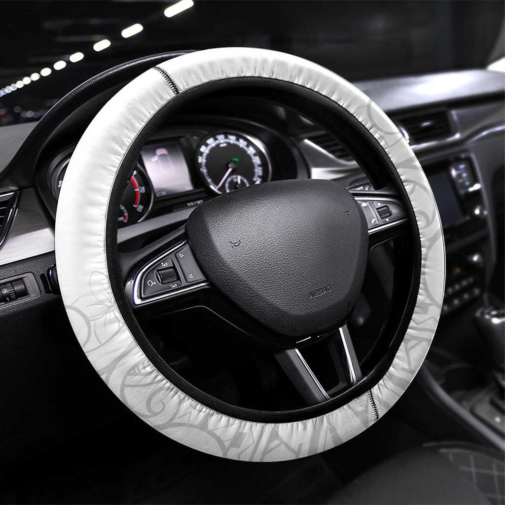 Polynesia White Sunday Steering Wheel Cover Plumeria Polynesian Tribal Grey Color - Polynesian Pride