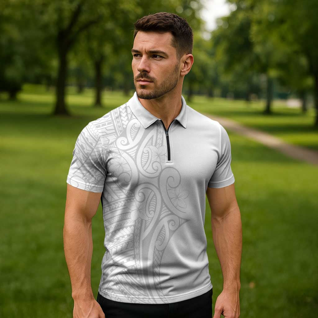 Polynesia White Sunday Zipper Polo Shirt Plumeria Polynesian Tribal Grey Color - Polynesian Pride
