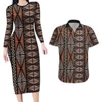 Malo e lelei Tonga Couples Matching Long Sleeve Bodycon Dress and Hawaiian Shirt Tongan Ngatu Vintage Brown LT14 Brown - Polynesian Pride
