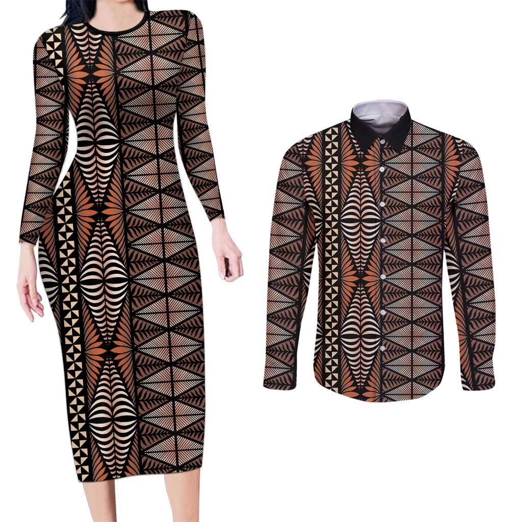 Malo e lelei Tonga Couples Matching Long Sleeve Bodycon Dress and Long Sleeve Button Shirt Tongan Ngatu Vintage Brown - Polynesian Pride