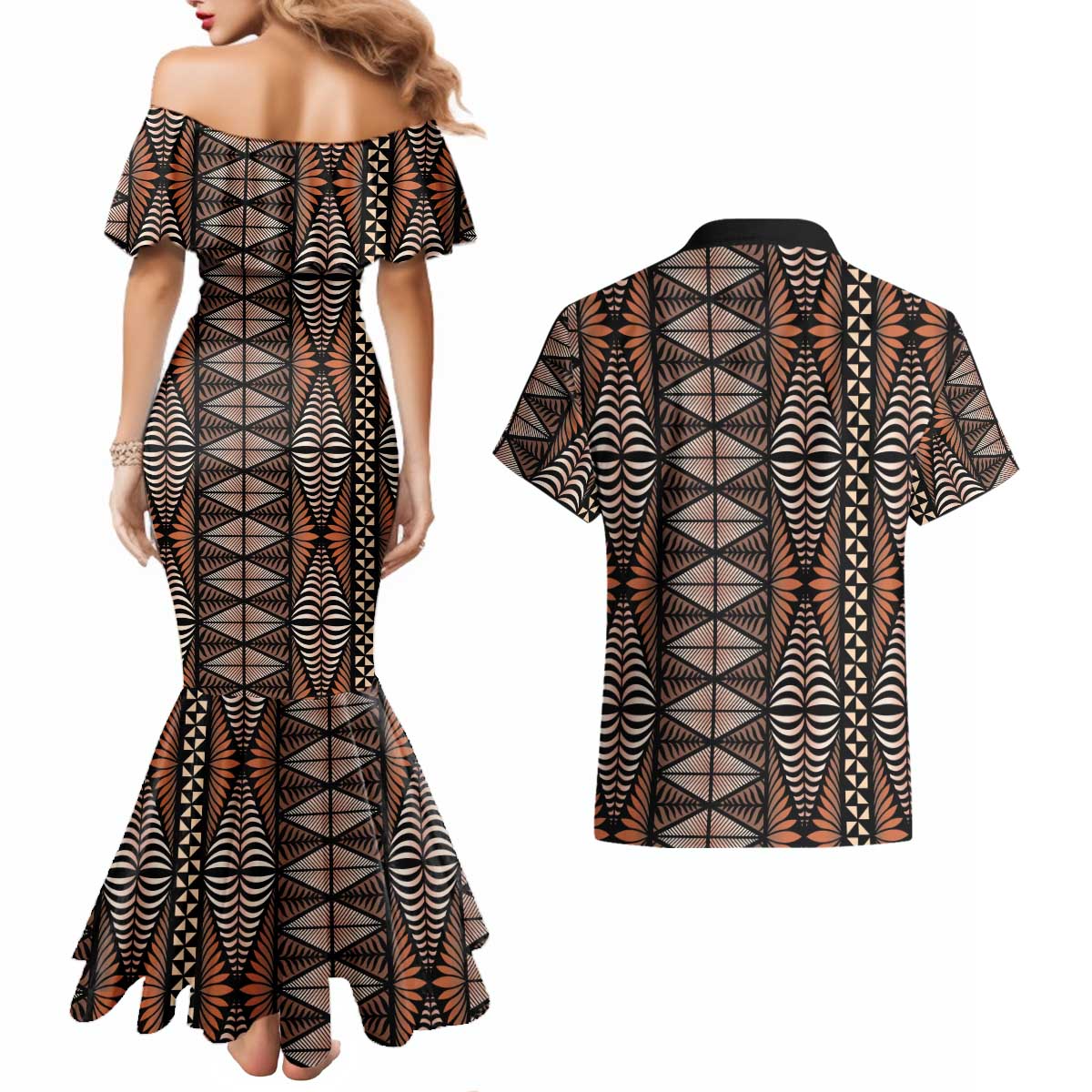 Malo e lelei Tonga Couples Matching Mermaid Dress and Hawaiian Shirt Tongan Ngatu Vintage Brown - Polynesian Pride