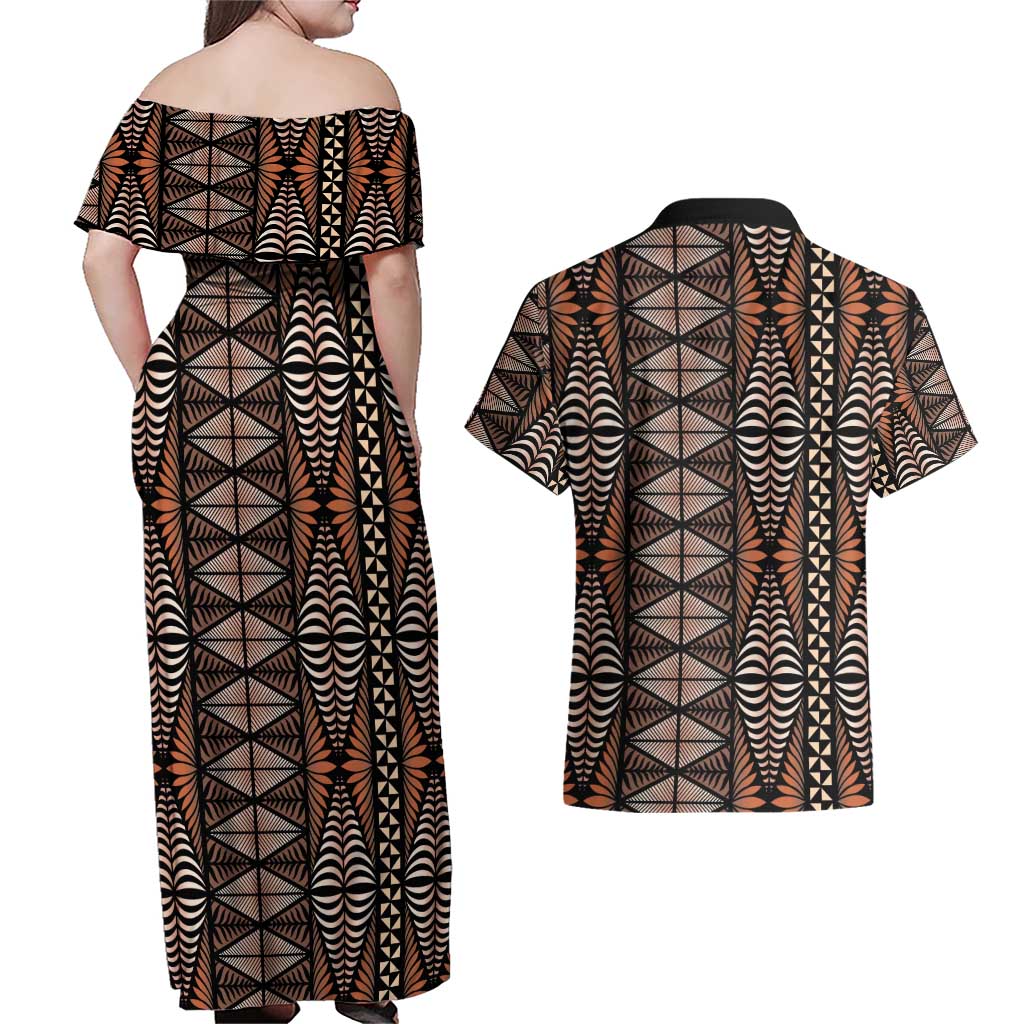 Malo e lelei Tonga Couples Matching Off Shoulder Maxi Dress and Hawaiian Shirt Tongan Ngatu Vintage Brown - Polynesian Pride