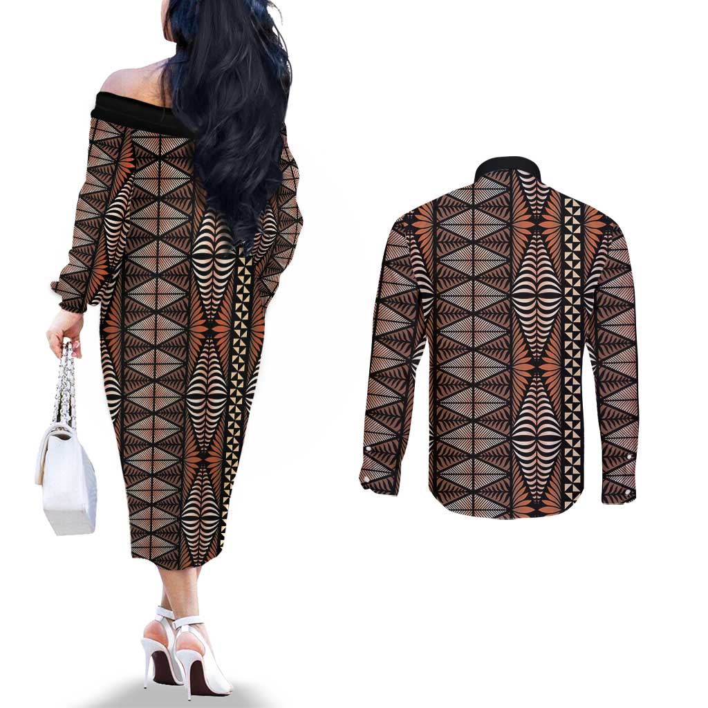 Malo e lelei Tonga Couples Matching Off The Shoulder Long Sleeve Dress and Long Sleeve Button Shirt Tongan Ngatu Vintage Brown - Polynesian Pride