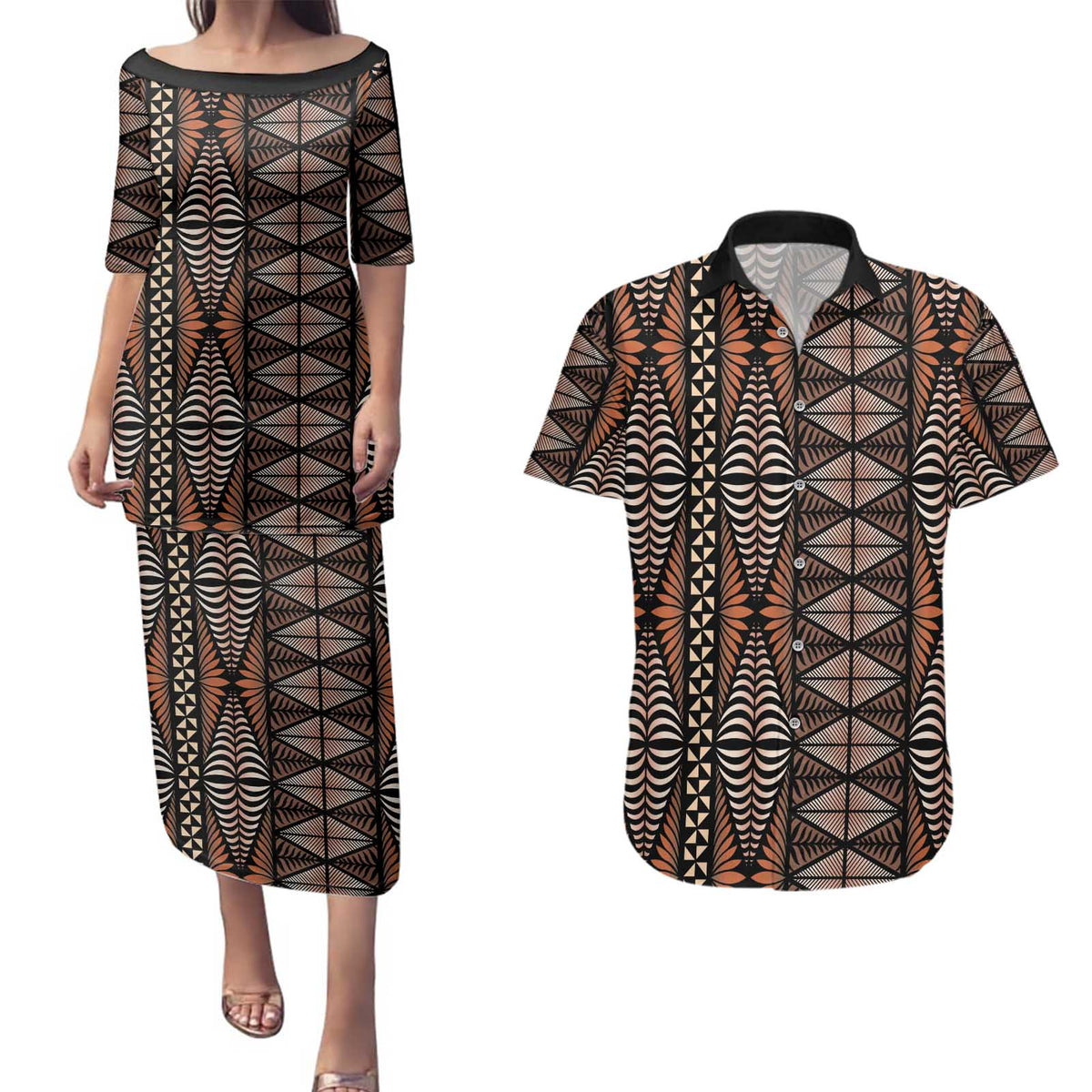 Malo e lelei Tonga Couples Matching Puletasi and Hawaiian Shirt Tongan Ngatu Vintage Brown - Polynesian Pride