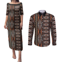 Malo e lelei Tonga Couples Matching Puletasi and Long Sleeve Button Shirt Tongan Ngatu Vintage Brown - Polynesian Pride