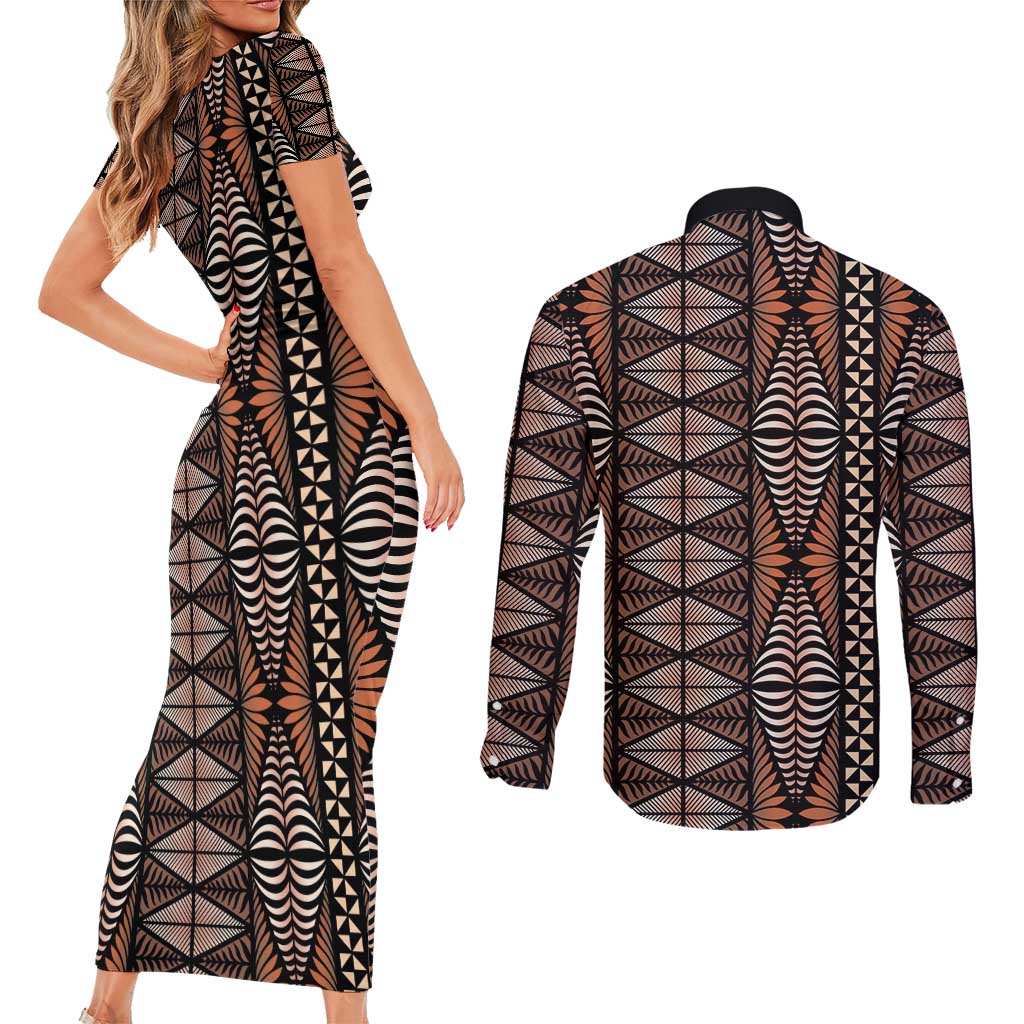 Malo e lelei Tonga Couples Matching Short Sleeve Bodycon Dress and Long Sleeve Button Shirt Tongan Ngatu Vintage Brown - Polynesian Pride