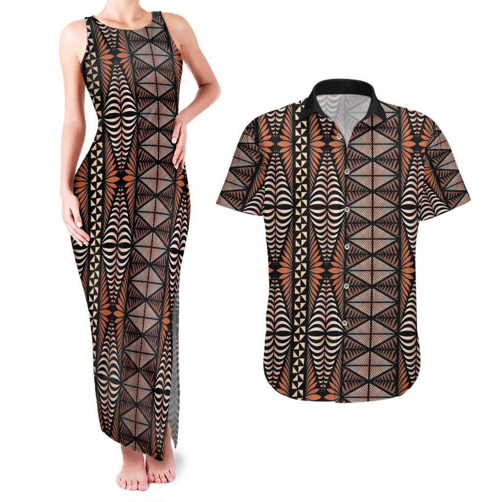 Malo e lelei Tonga Couples Matching Tank Maxi Dress and Hawaiian Shirt Tongan Ngatu Vintage Brown - Polynesian Pride