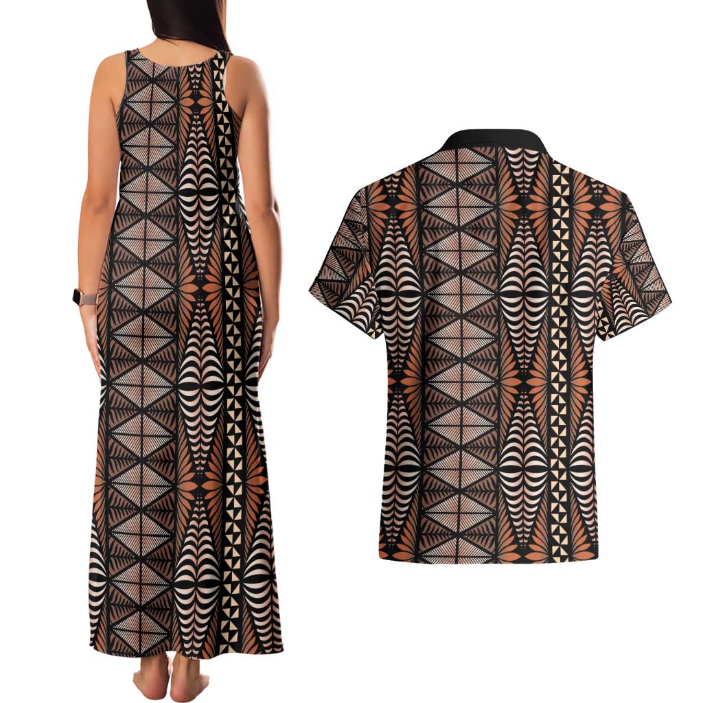 Malo e lelei Tonga Couples Matching Tank Maxi Dress and Hawaiian Shirt Tongan Ngatu Vintage Brown - Polynesian Pride