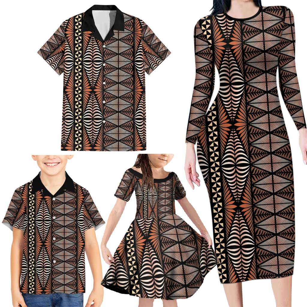 Malo e lelei Tonga Family Matching Long Sleeve Bodycon Dress and Hawaiian Shirt Tongan Ngatu Vintage Brown LT14 - Polynesian Pride