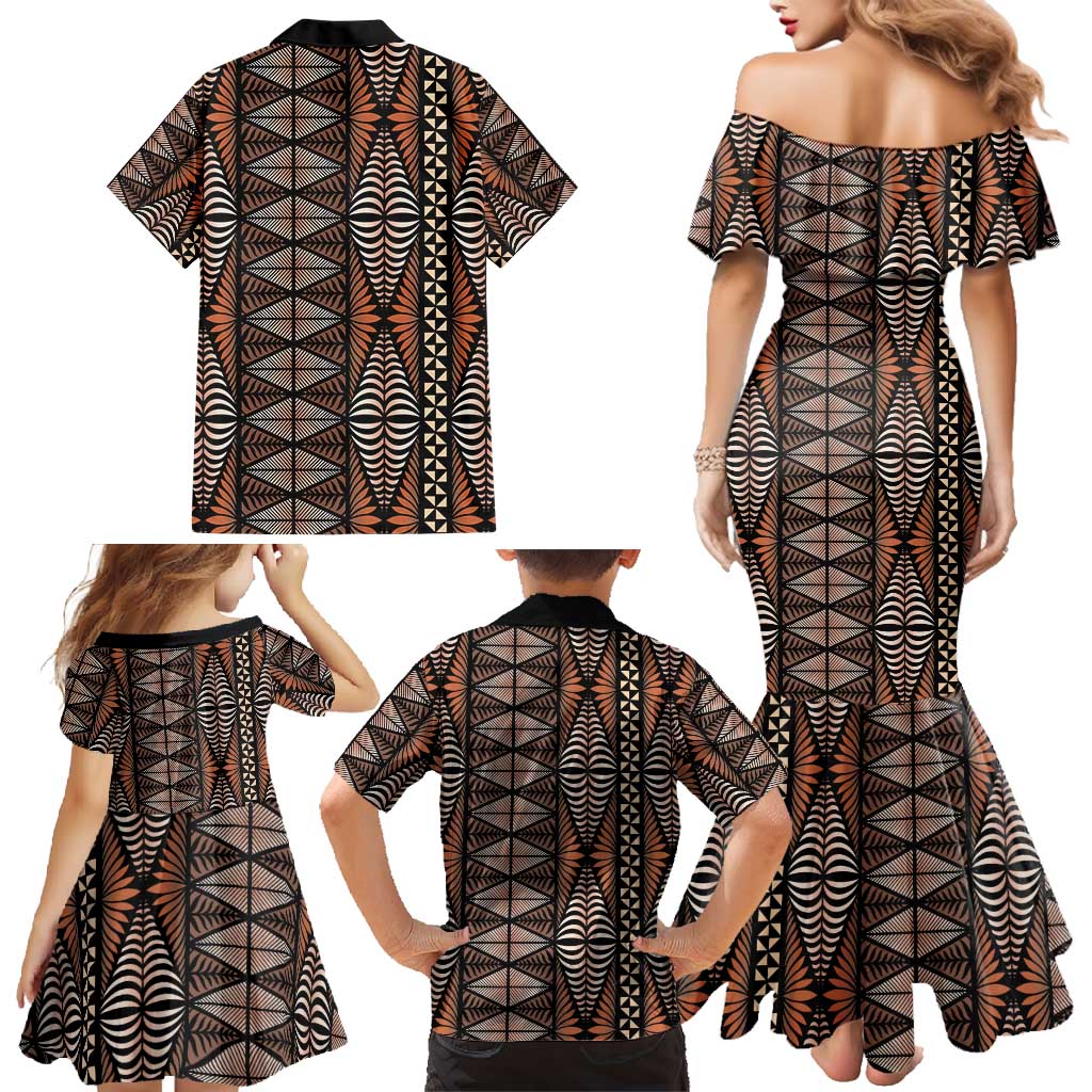Malo e lelei Tonga Family Matching Mermaid Dress and Hawaiian Shirt Tongan Ngatu Vintage Brown LT14 - Polynesian Pride