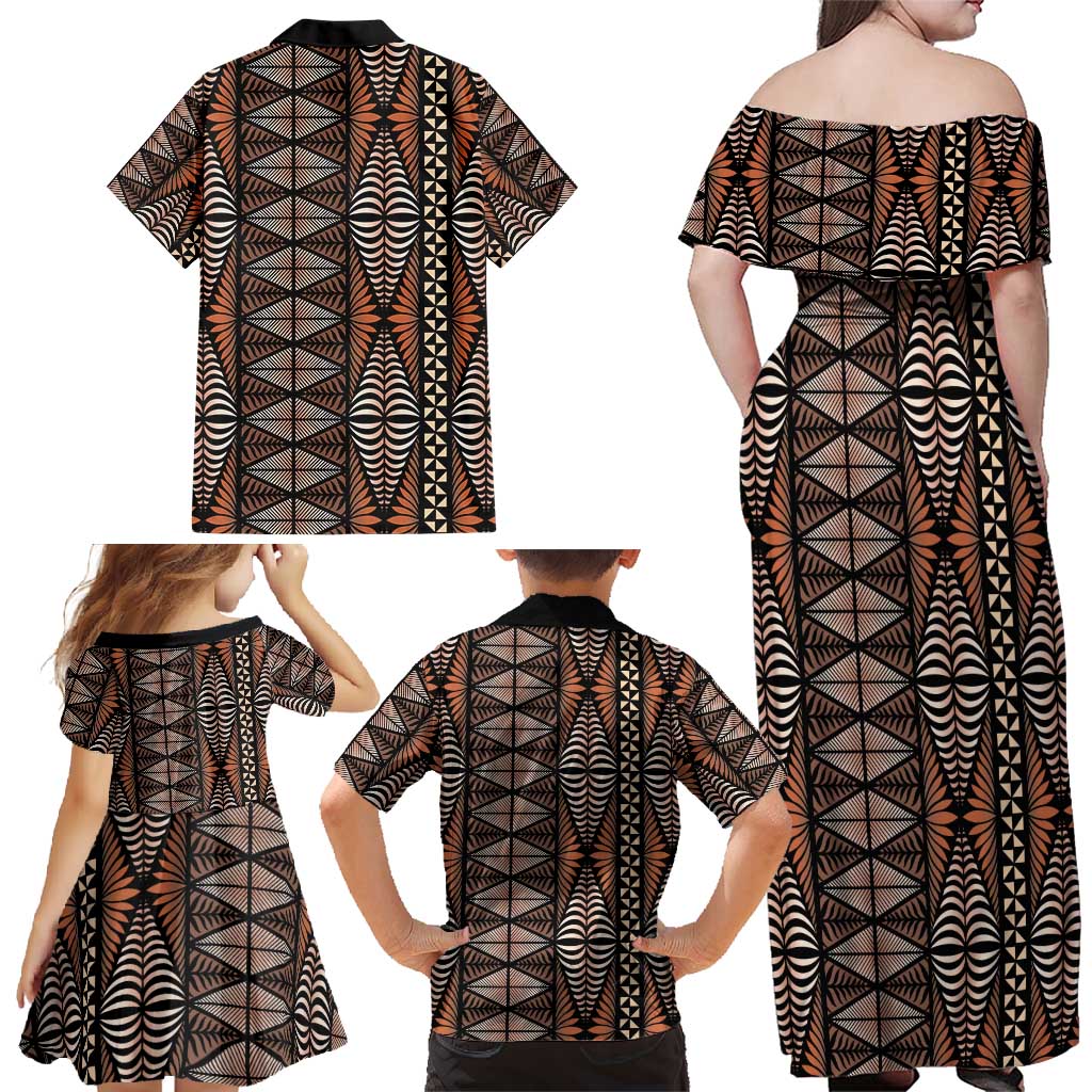 Malo e lelei Tonga Family Matching Off Shoulder Maxi Dress and Hawaiian Shirt Tongan Ngatu Vintage Brown LT14 - Polynesian Pride