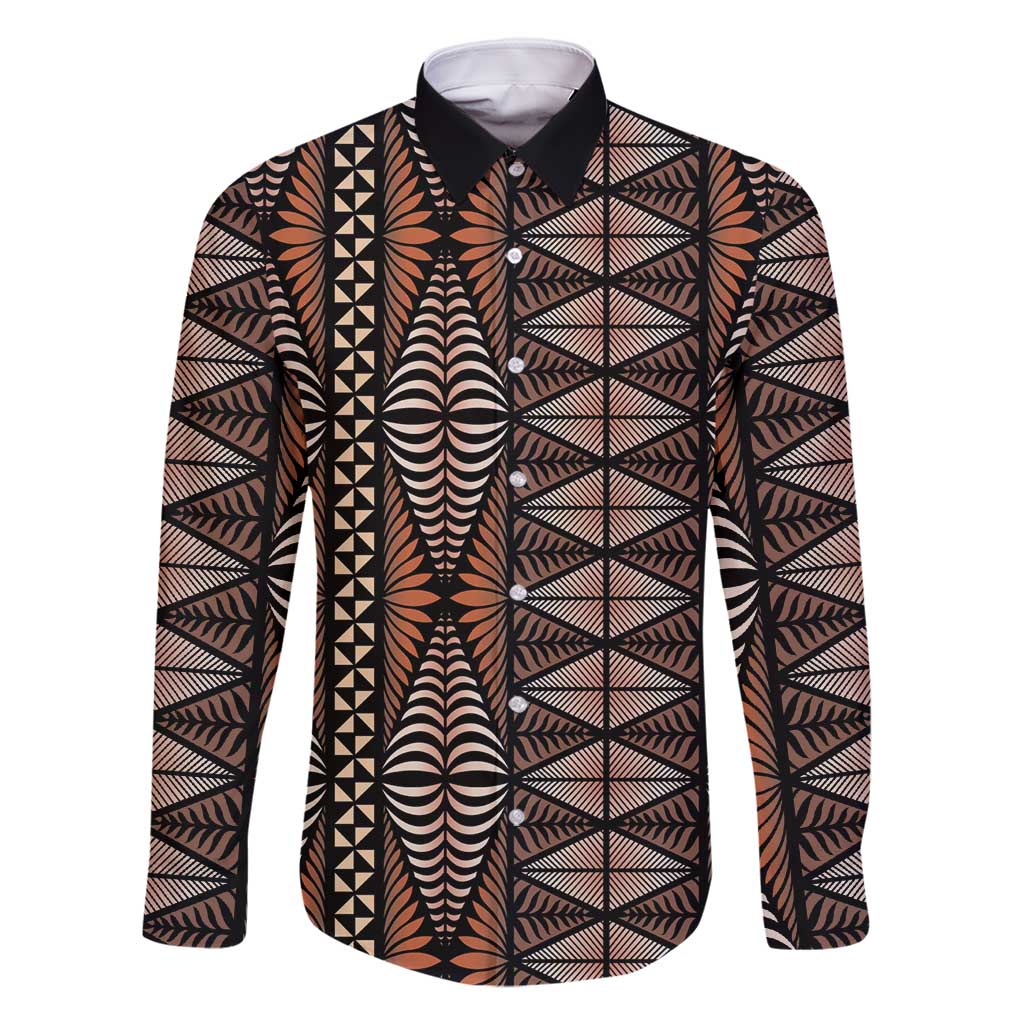 Malo e lelei Tonga Family Matching Off Shoulder Maxi Dress and Hawaiian Shirt Tongan Ngatu Vintage Brown LT14 Dad's Shirt - Long Sleeve Brown - Polynesian Pride