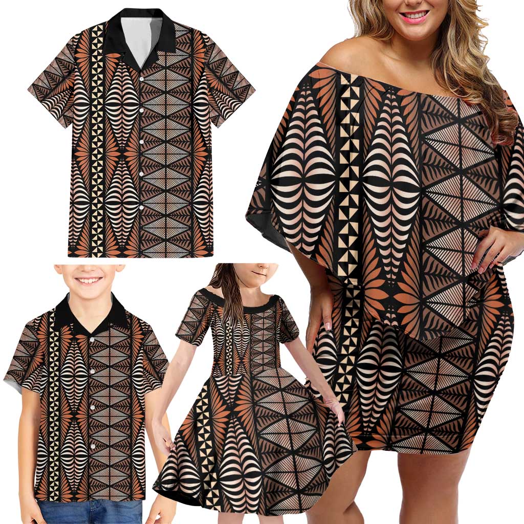Malo e lelei Tonga Family Matching Off Shoulder Short Dress and Hawaiian Shirt Tongan Ngatu Vintage Brown LT14 - Polynesian Pride