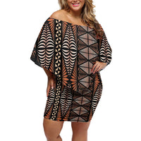 Malo e lelei Tonga Family Matching Off Shoulder Short Dress and Hawaiian Shirt Tongan Ngatu Vintage Brown LT14 Mom's Dress Brown - Polynesian Pride