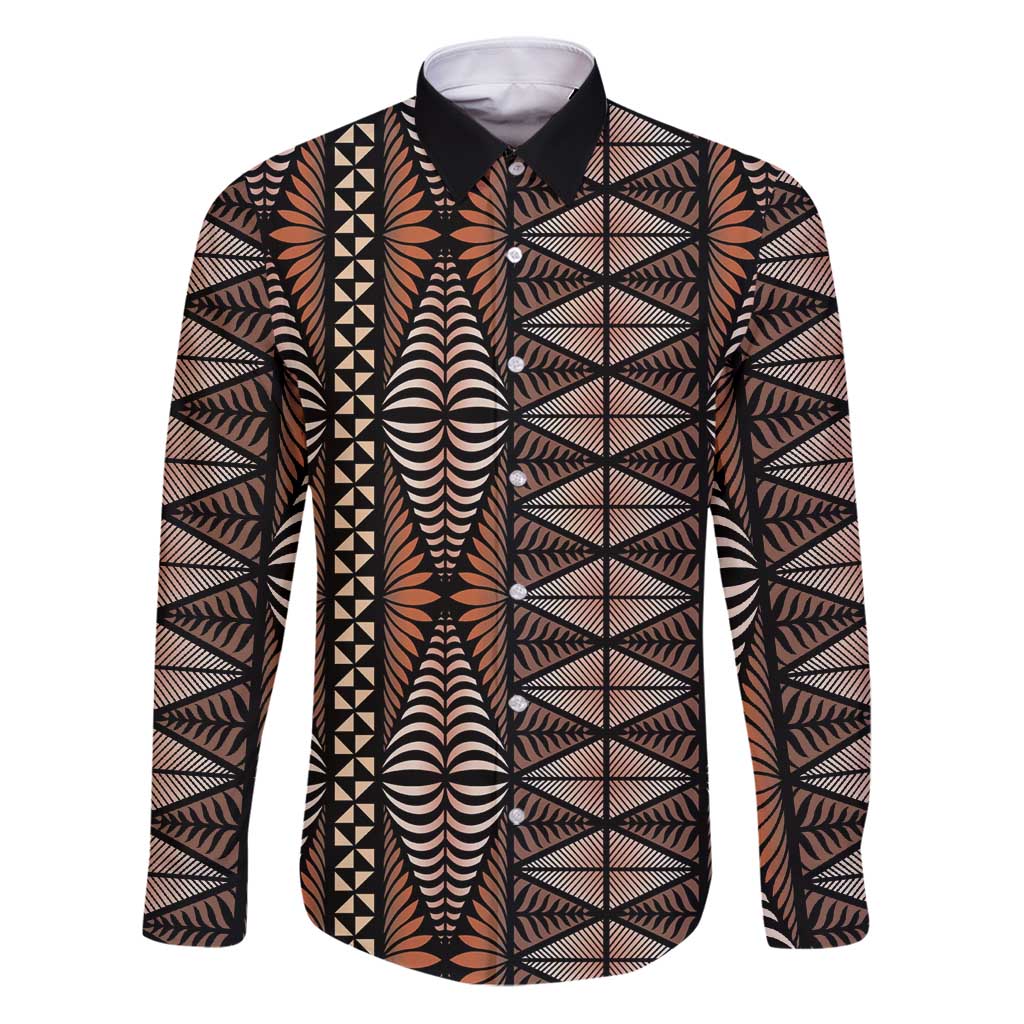 Malo e lelei Tonga Family Matching Puletasi and Hawaiian Shirt Tongan Ngatu Vintage Brown LT14 Dad's Shirt - Long Sleeve Brown - Polynesian Pride
