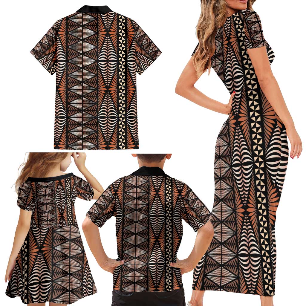 Malo e lelei Tonga Family Matching Short Sleeve Bodycon Dress and Hawaiian Shirt Tongan Ngatu Vintage Brown LT14 - Polynesian Pride