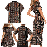 Malo e lelei Tonga Family Matching Short Sleeve Bodycon Dress and Hawaiian Shirt Tongan Ngatu Vintage Brown LT14 - Polynesian Pride