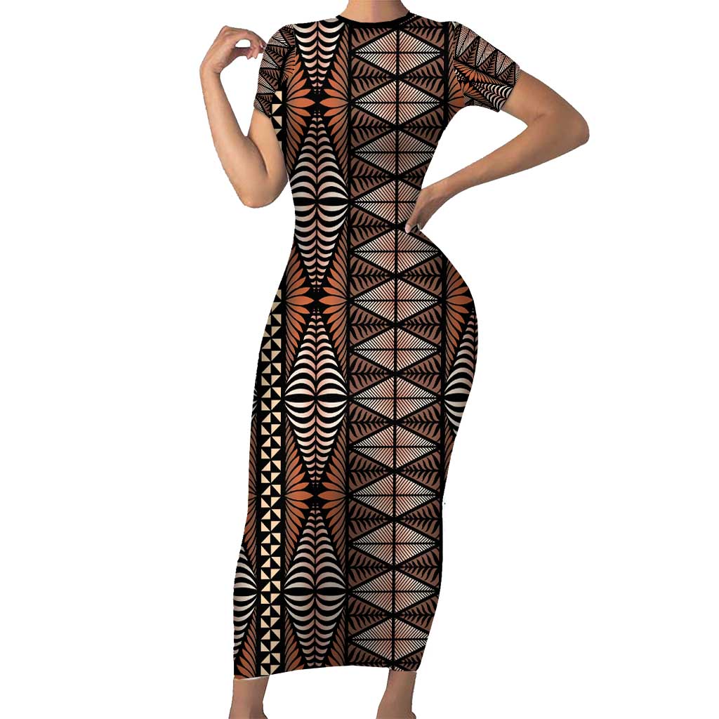Malo e lelei Tonga Family Matching Short Sleeve Bodycon Dress and Hawaiian Shirt Tongan Ngatu Vintage Brown LT14 Mom's Dress Brown - Polynesian Pride