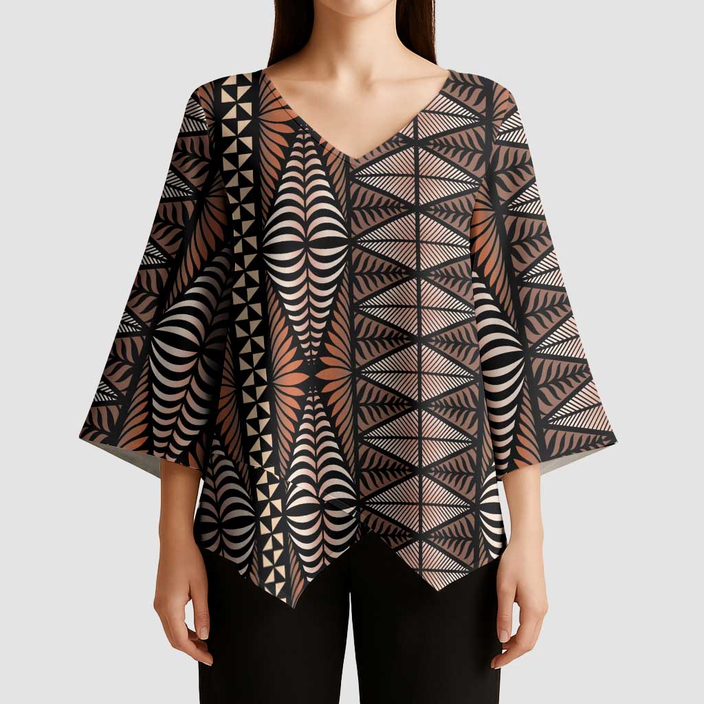 Malo e lelei Tonga Kimono Sleeve Blouse Tongan Ngatu Vintage Brown LT14 - Polynesian Pride