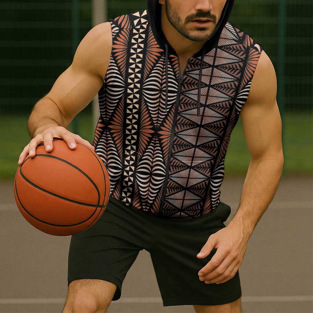Malo e lelei Tonga Sleeveless Zip Hoodie Tongan Ngatu Vintage Brown LT14 - Polynesian Pride