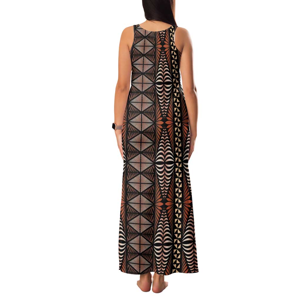 Malo e lelei Tonga Tank Maxi Dress Tongan Ngatu Vintage Brown LT14 - Polynesian Pride