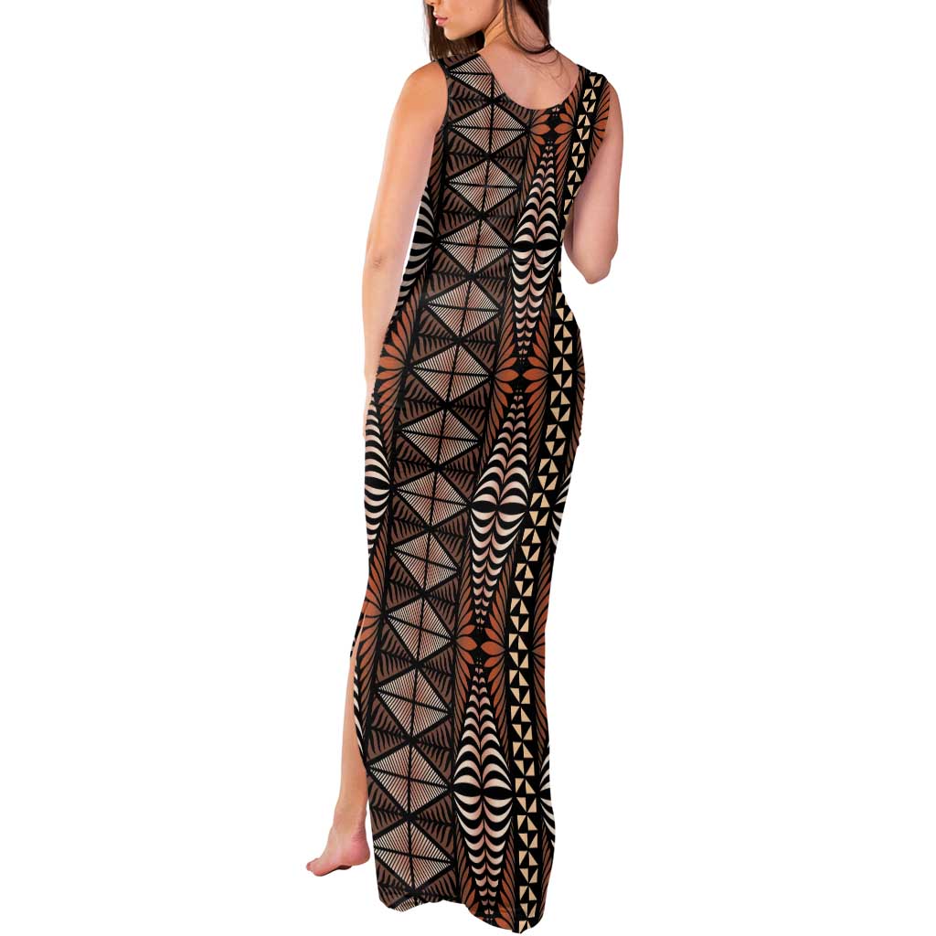 Malo e lelei Tonga Tank Maxi Dress Tongan Ngatu Vintage Brown LT14 - Polynesian Pride